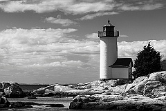 Annisquam Harbor Lighthouse Along Rocky Shoreline -BW